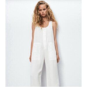 NEW! Zara Wide Leg Relaxed Fit Denim Jean Jumpsuit Fringe Detail White SZ M